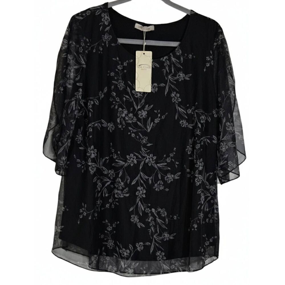 Womens large black whimsigoth blouse floral nylon witchy nylon sese